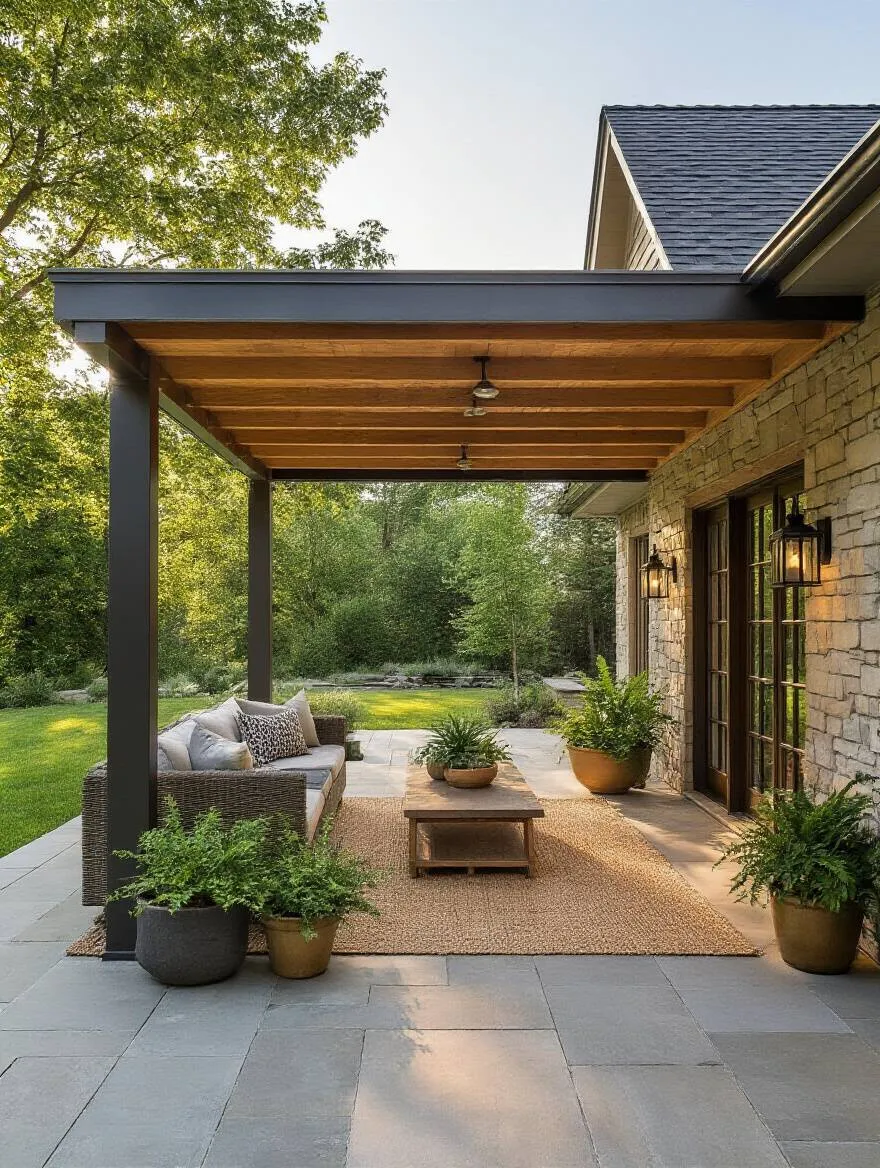 Back porch with integrated overhead shelter providing sun and rain protection