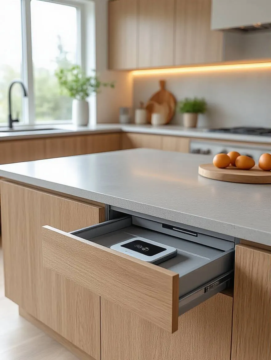 Modern kitchen with a hidden charging station tucked into a drawer
