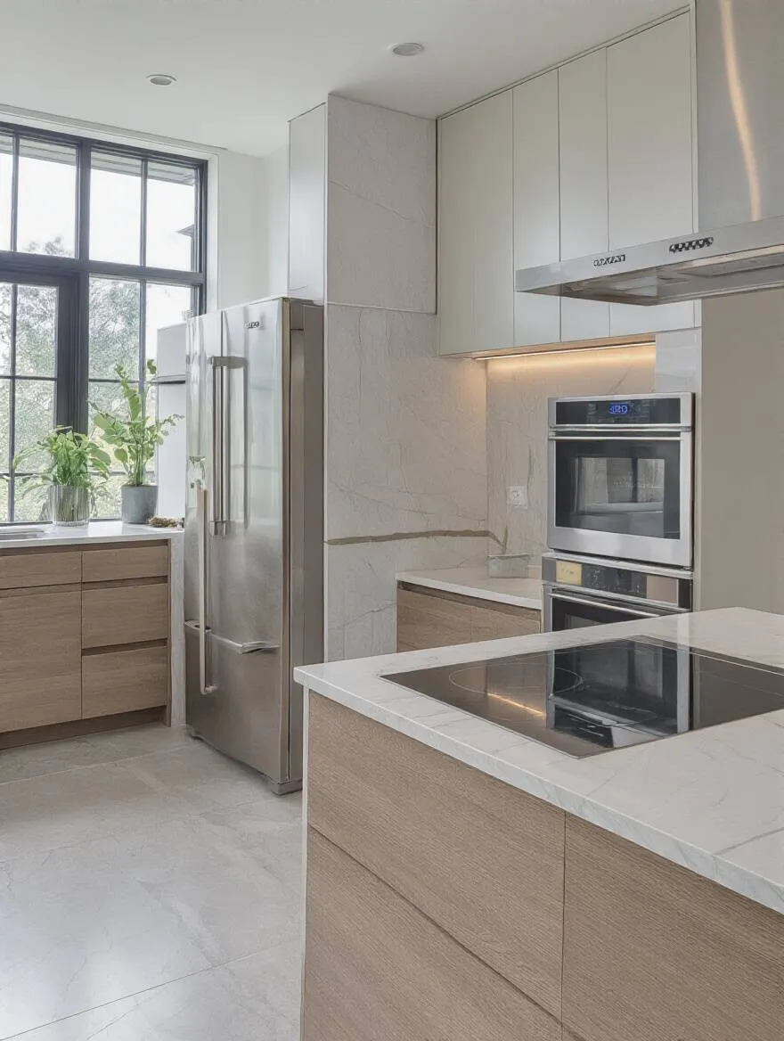 Portrait-style modern kitchen featuring energy-efficient smart appliances