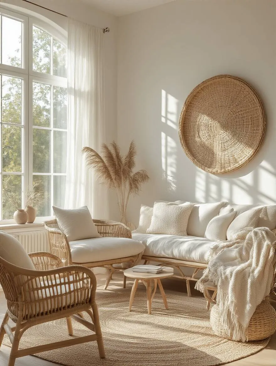 A sun-drenched boho living room featuring a light-colored sofa floated away from tall windows, enhancing natural light. A large round mirror on an opposing wall reflects the sunlight, brightening the entire space, with woven natural textures and plants adding to the serene ambiance.