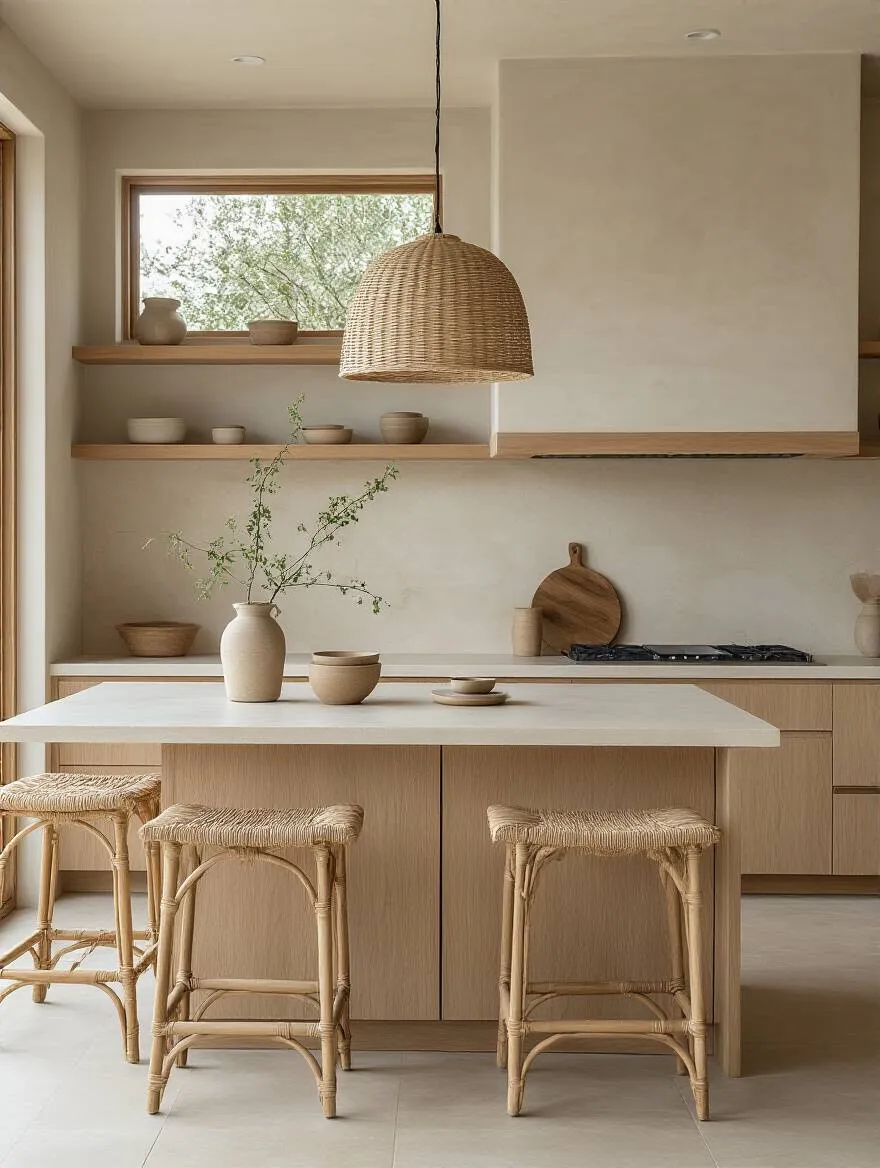 Vertical minimalist kitchen with light wood cabinets, stone countertop and woven textures