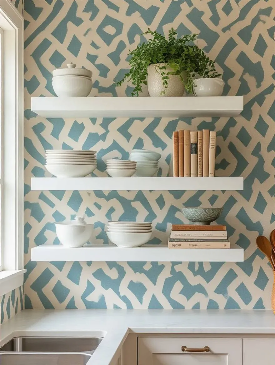 Contemporary kitchen featuring white floating shelves against a geometric blue and cream wallpaper, styled with ceramics and a plant.