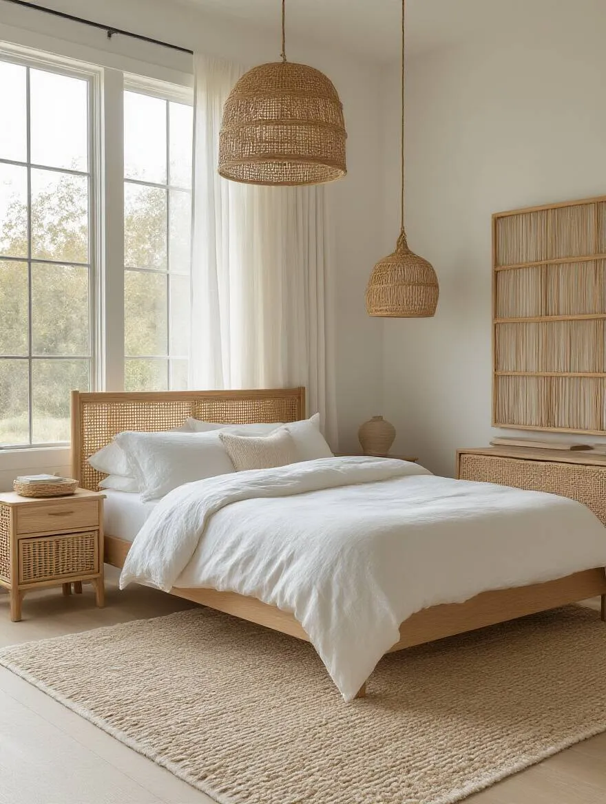 White bedroom with wood and rattan accents for organic warmth