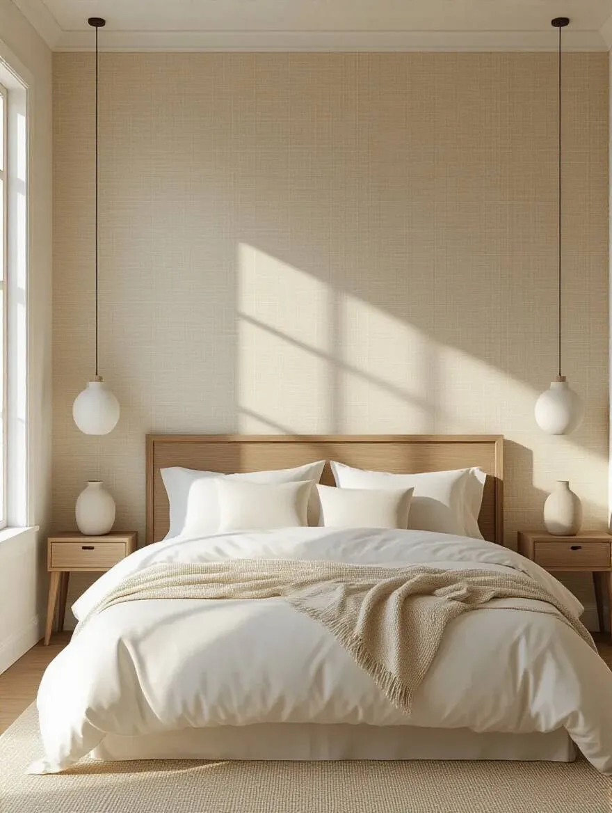 A cozy bedroom featuring a light beige grasscloth wallpaper accent wall behind a minimalist bed, showcasing natural texture and warmth in natural light.