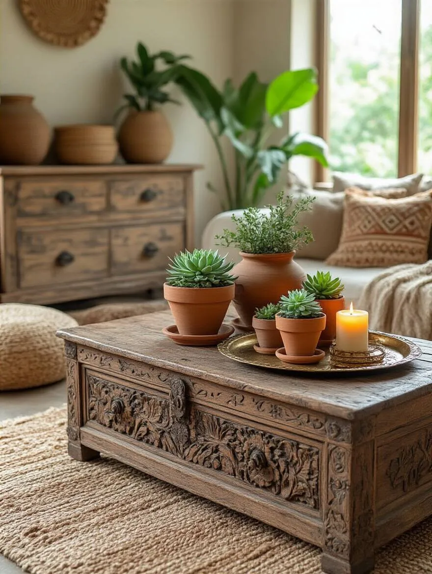 Boho living room showcasing a repurposed vintage carved wooden chest as a coffee table and an upcycled dresser as a console, surrounded by layered rugs, plants, and natural textures, embodying soulful character.