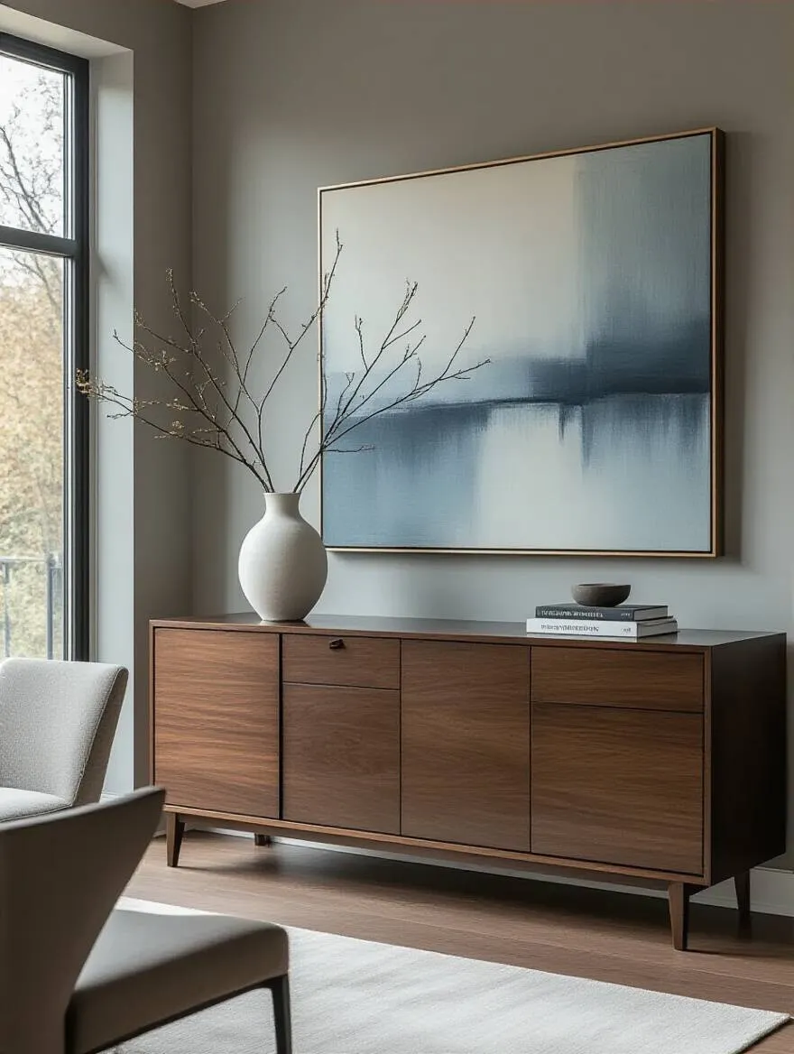 Modern dark wood and metal sideboard in a contemporary dining room, with abstract art above and minimalist decor on top. Represents chic storage and display.
