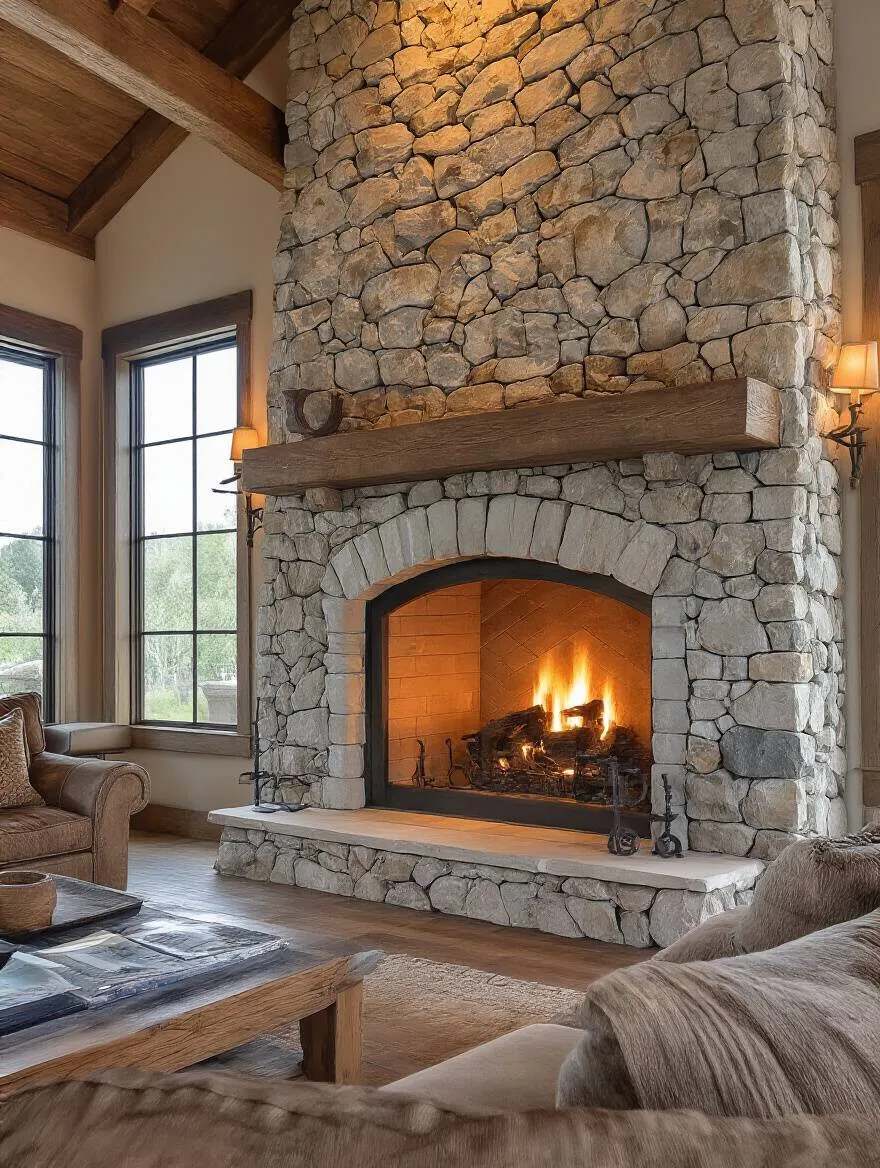 Rustic living room with iconic stone fireplace surround and warm lighting