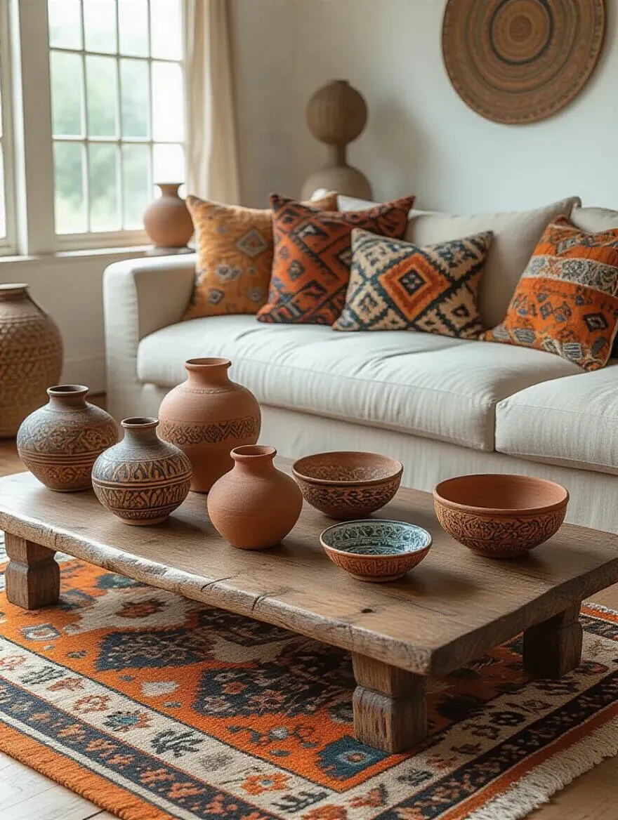 Bohemian living room with globally inspired textiles and patterned ceramics, showcasing intricate prints like Ikat pillows and a tribal rug, under natural light.