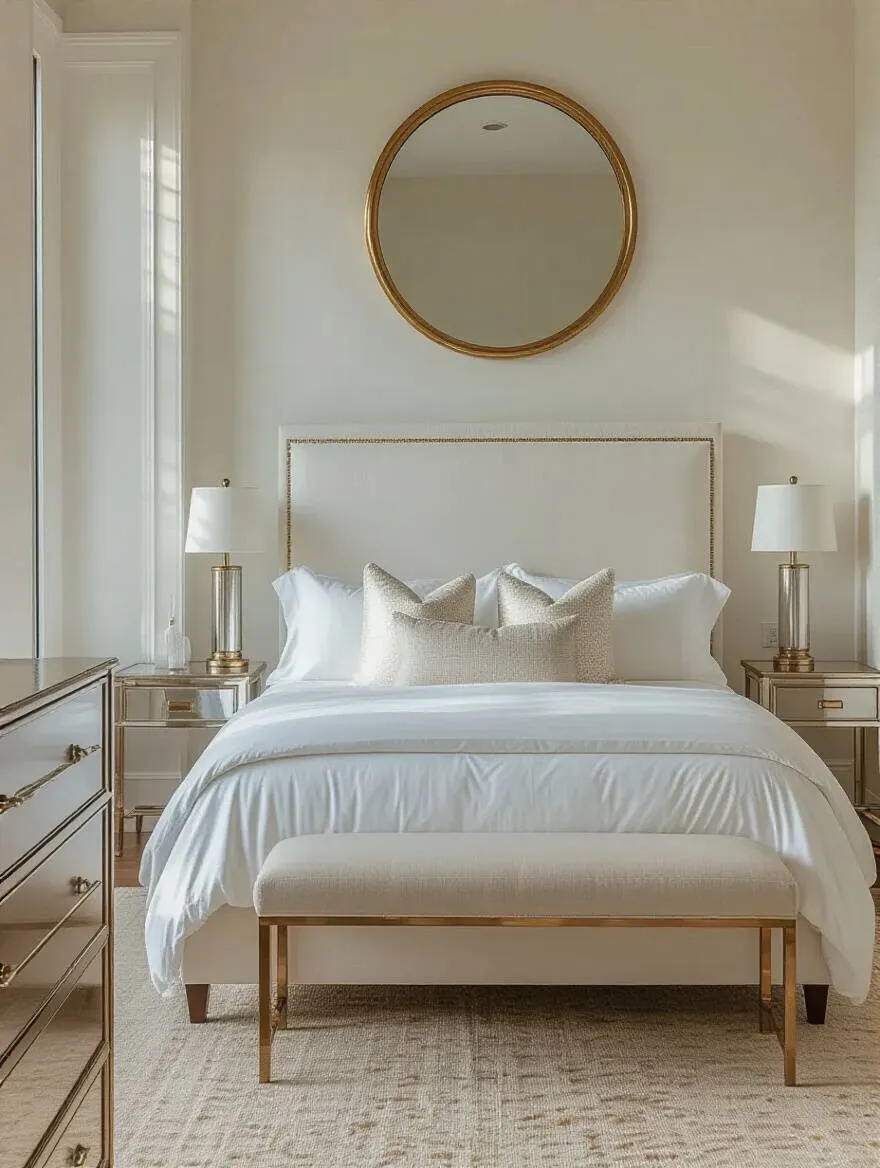 Vertical white bedroom with gold, silver, and bronze metallic accents