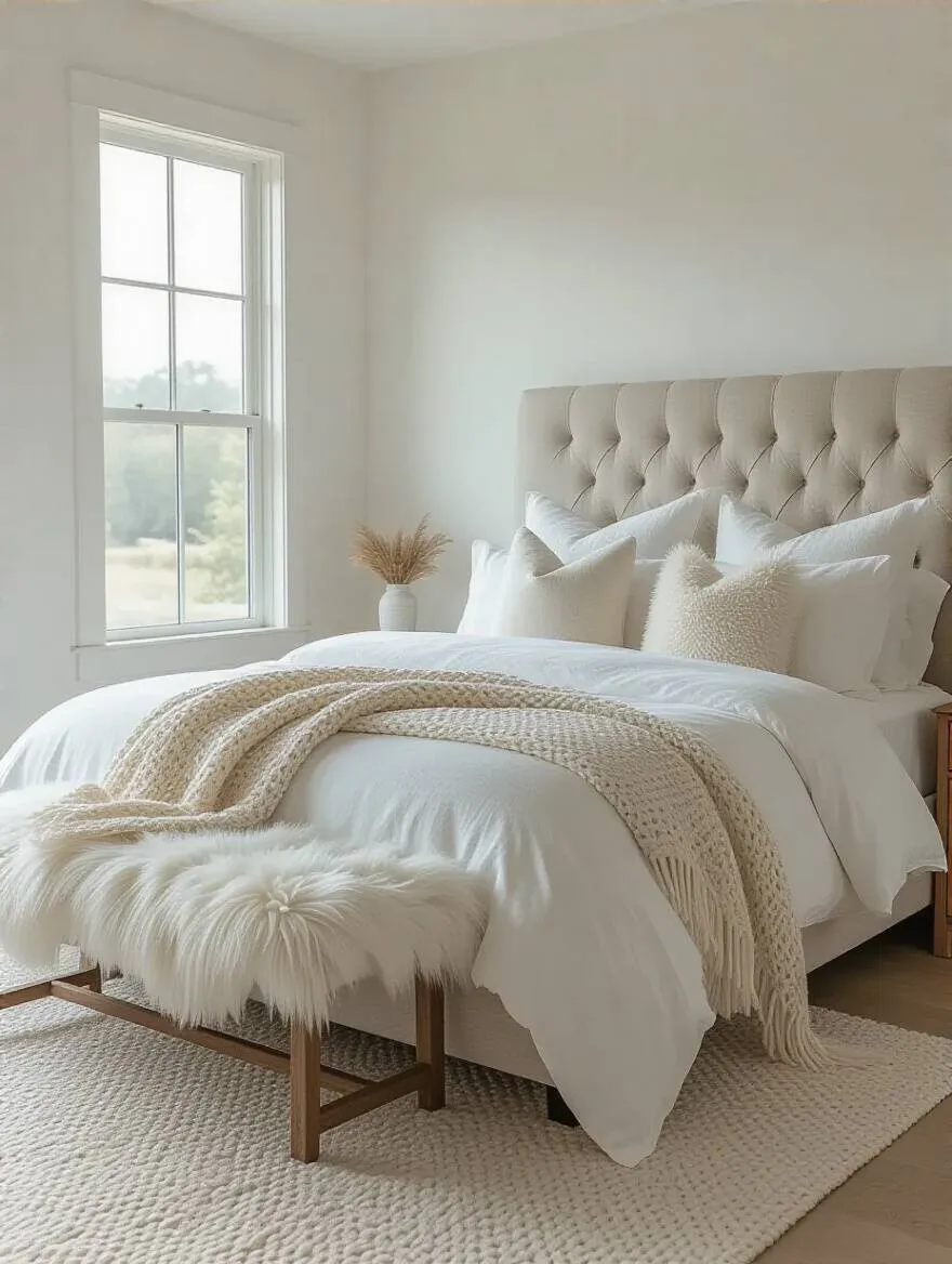 Texture-rich white bedroom with linen, knit, and faux fur fabrics