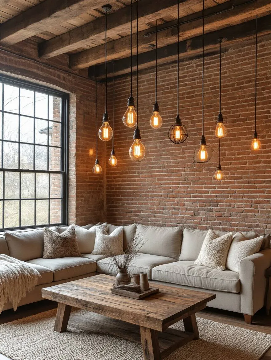 Cozy rustic living room with Edison bulb lighting and lanterns