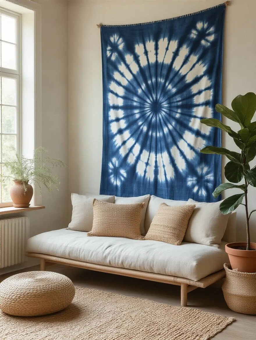 Boho living room with a large, textured indigo shibori tapestry serving as a focal point above a low sofa, surrounded by natural decor and plants, under soft natural light.