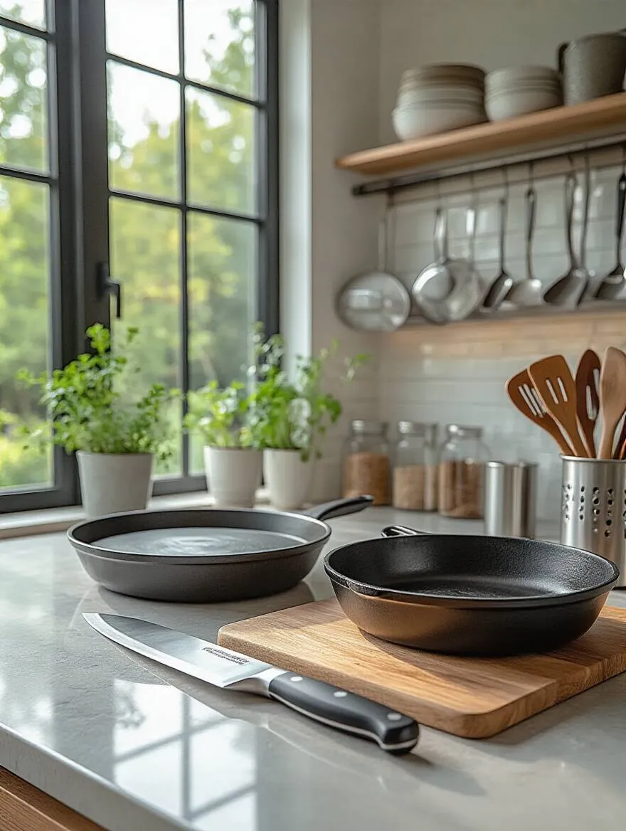 Portrait of a minimalist kitchen with high-quality, durable tools on a clean counter.