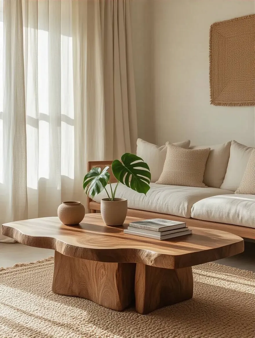 Boho living room with a large live edge teak wood coffee table as the focal point, cream sofa, jute rug, and woven wall art.
