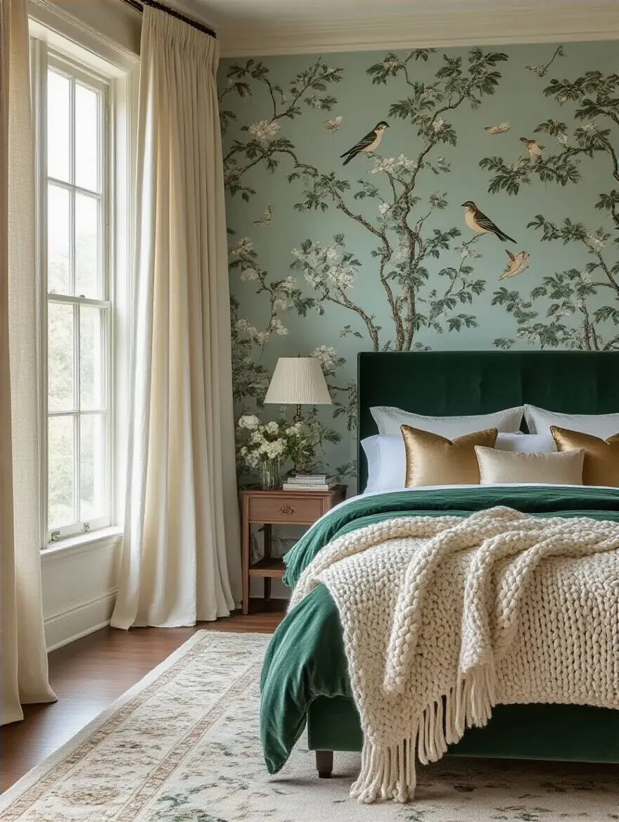 Luxurious bedroom interior featuring a bed with layered emerald green velvet and gold silk textiles, a Chinoiserie bird and floral wallpaper, and linen drapes, showcasing sophisticated textile layering to complement wallpaper.