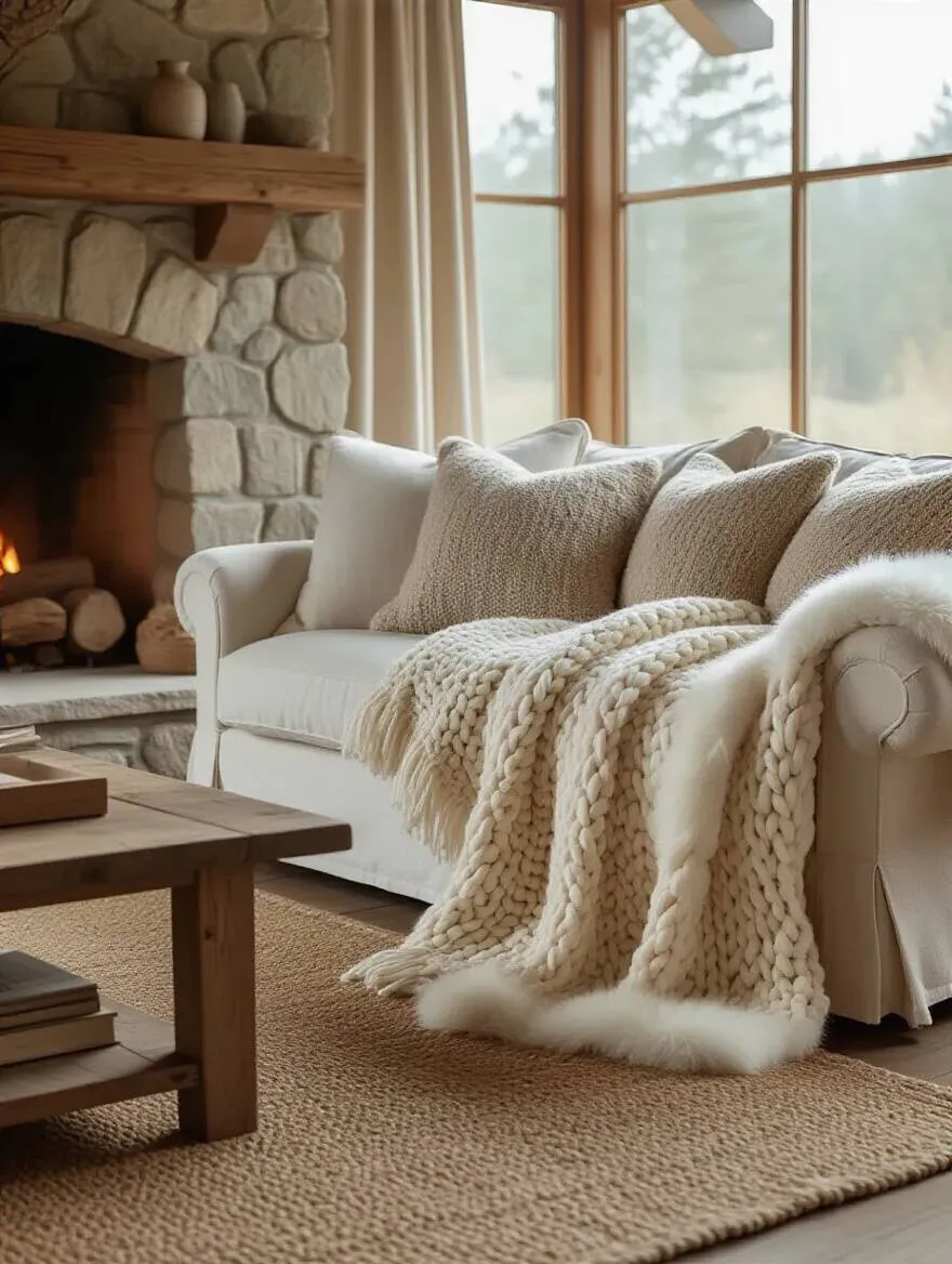 Cozy rustic living room with layered chunky knits and faux fur blankets on a sofa.