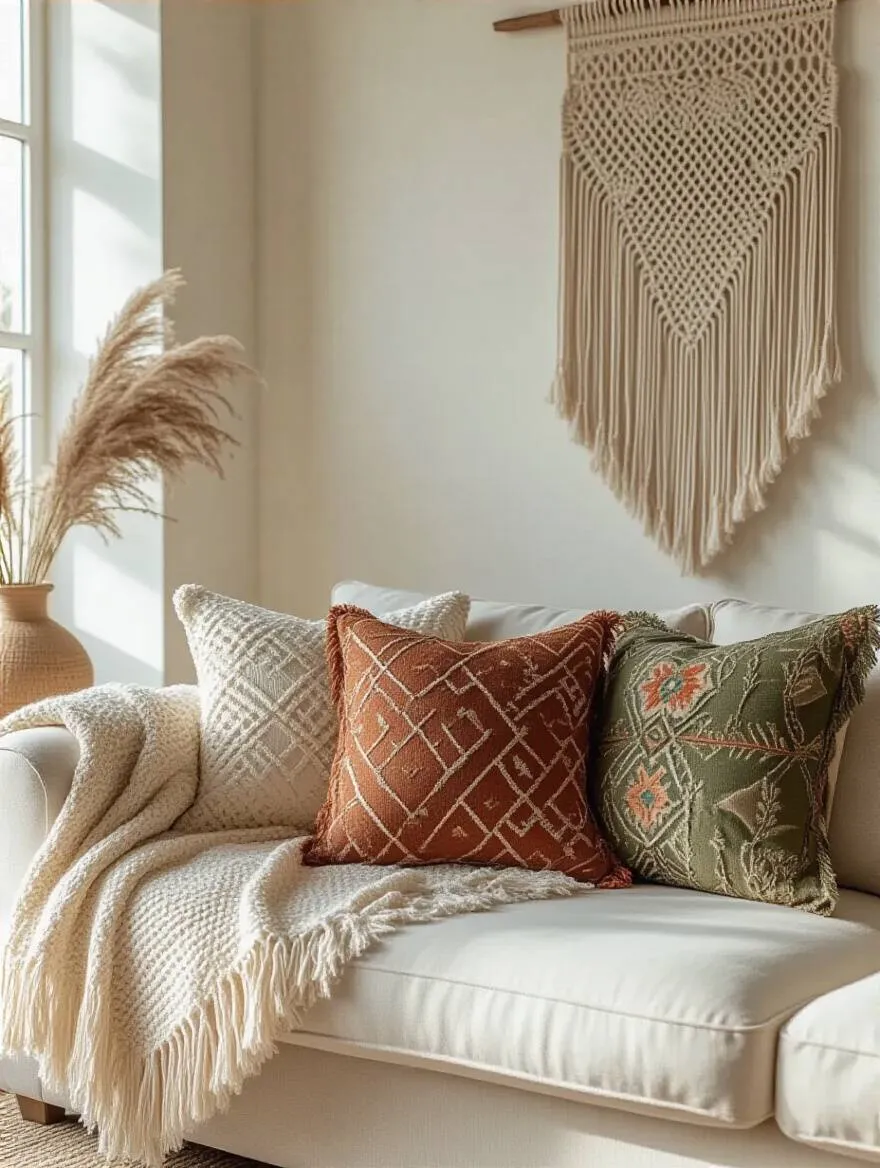 Detailed view of a bohemian living room's textile arrangement, featuring a cream fringed throw draped over a sofa, several embroidered pillows with varied ethnic patterns, and a beige macrame wall hanging in the background, all contributing to a richly textured boho aesthetic.