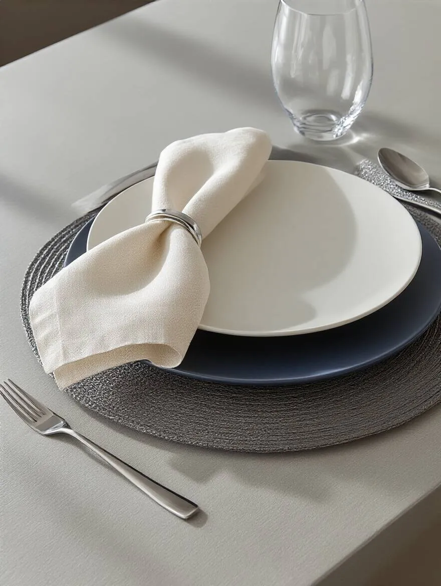 A professionally styled modern dining table place setting, featuring a layered design with a charcoal charger plate, white and indigo ceramic plates, a cream linen napkin with a silver ring, minimalist silver cutlery, and a clear glass goblet, all illuminated by soft natural light.