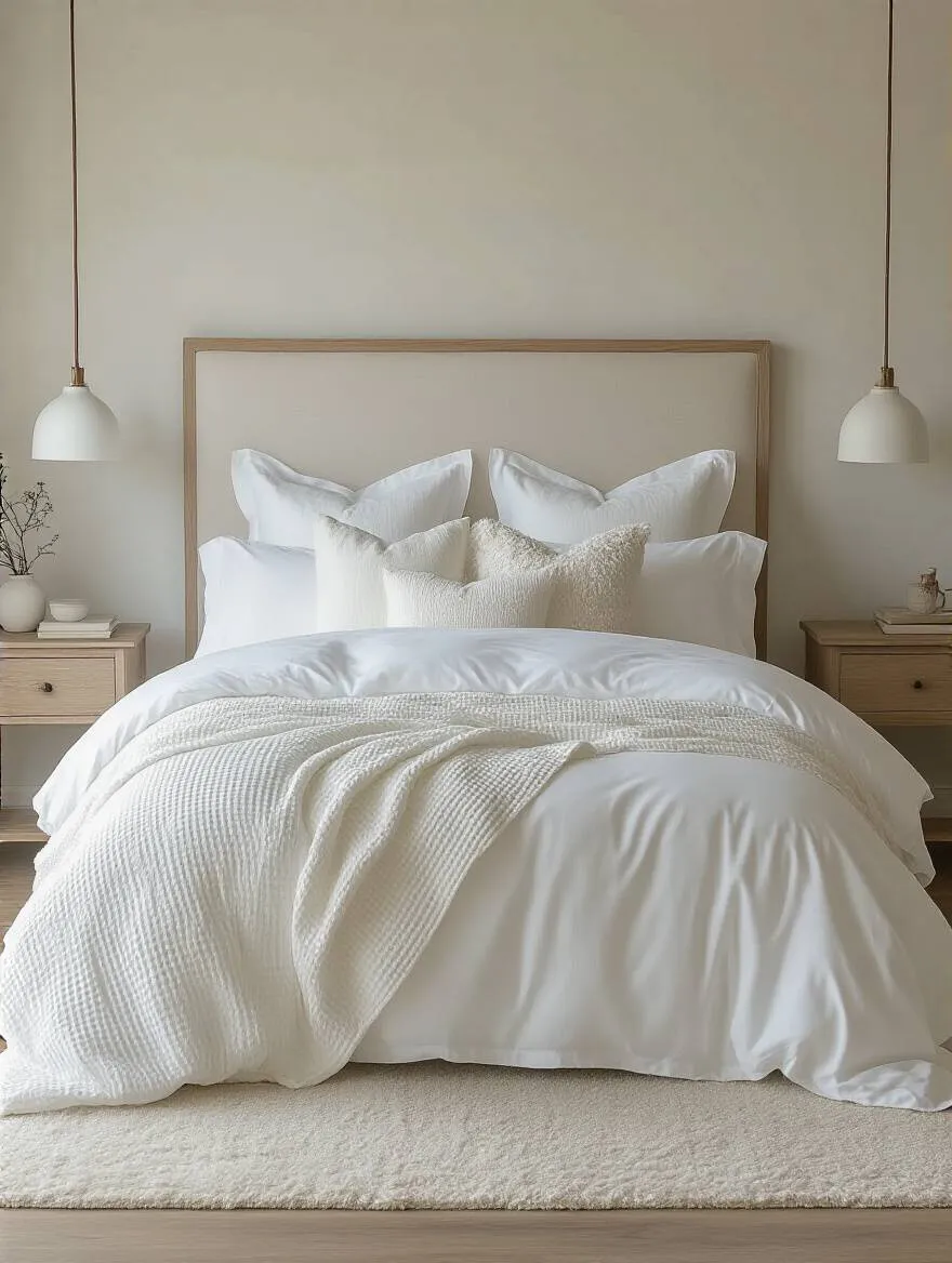 Luxuriously layered white bedding on a pristine bed in a softly lit bedroom