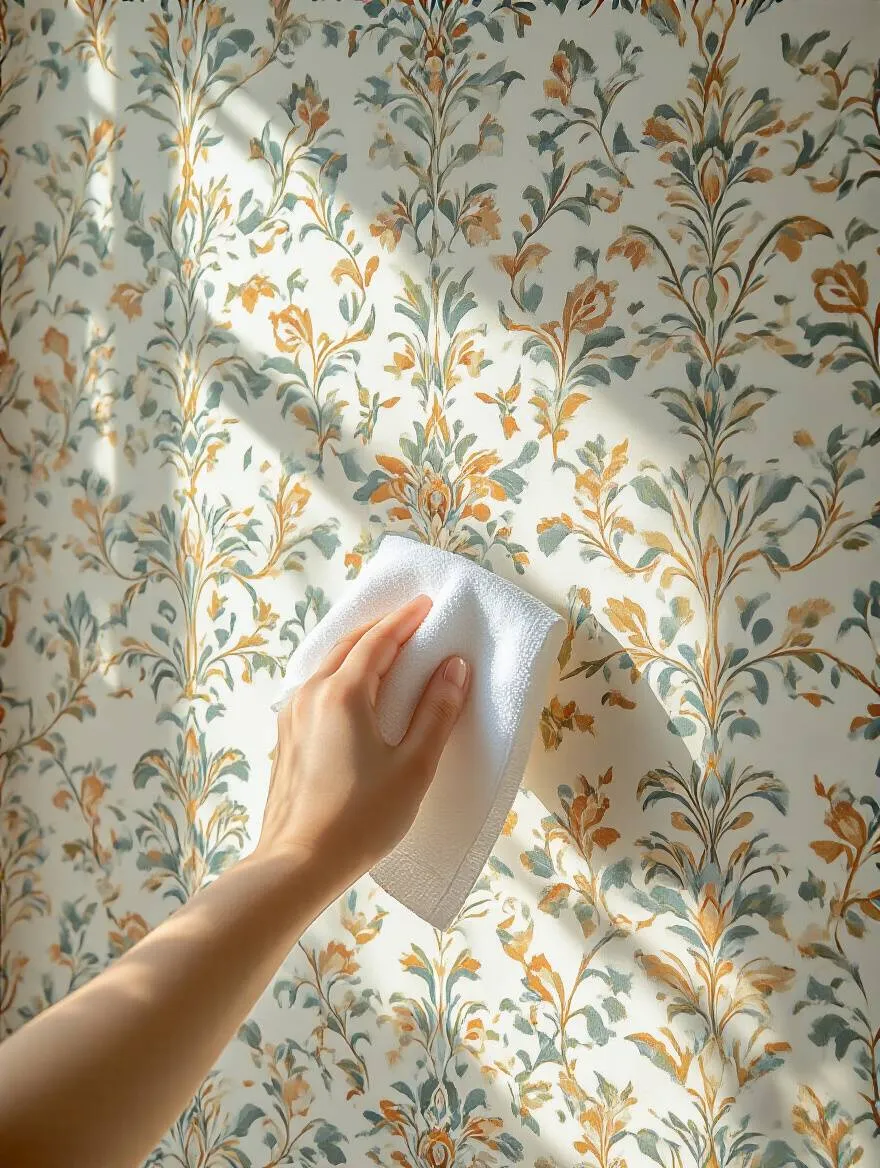 Close-up of a soft microfiber cloth gently cleaning elegant patterned wallpaper, illustrating proper gentle wallpaper cleaning for maintenance.
