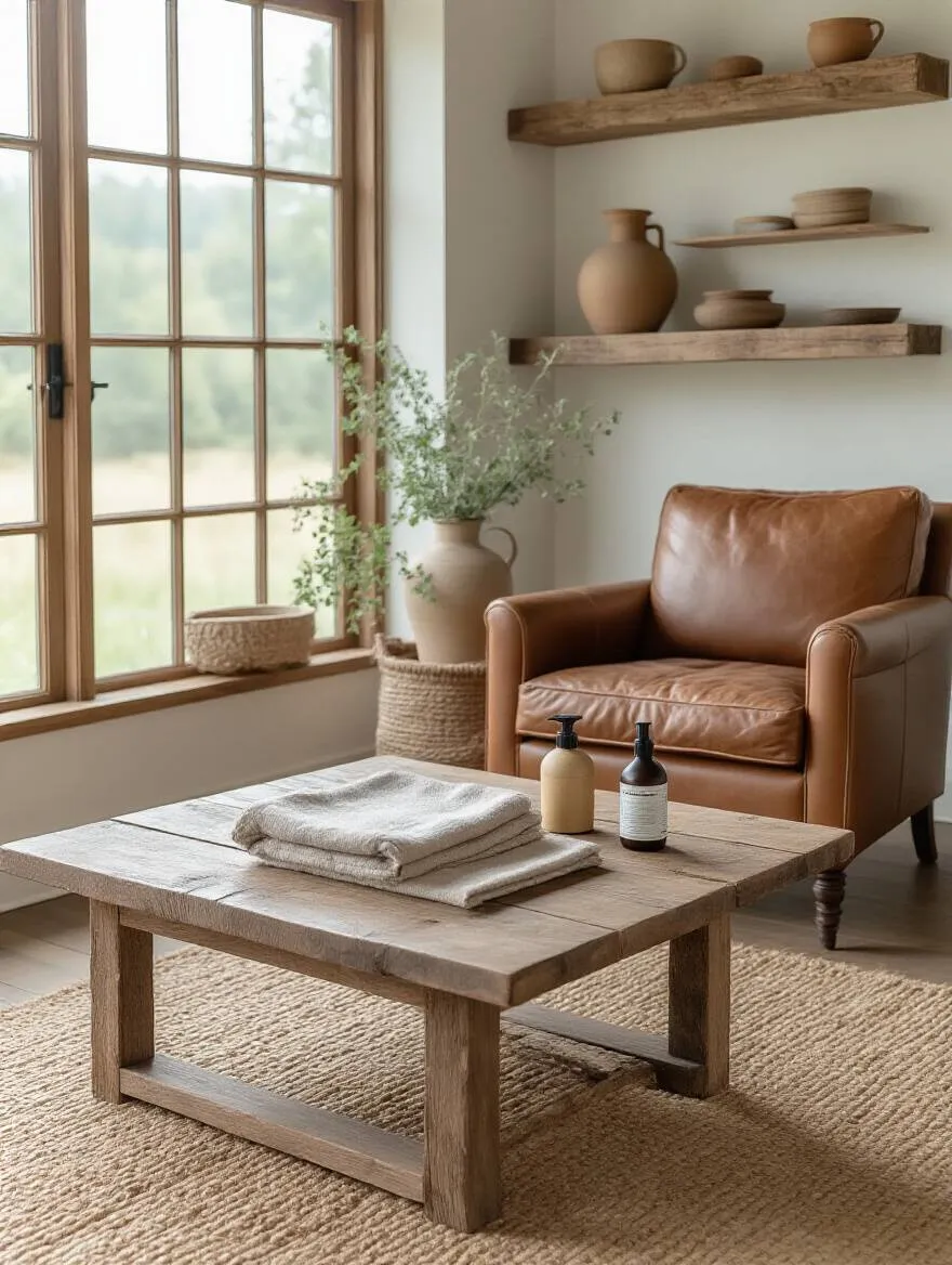 Vertical portrait of a rustic living room cleaning and care setup