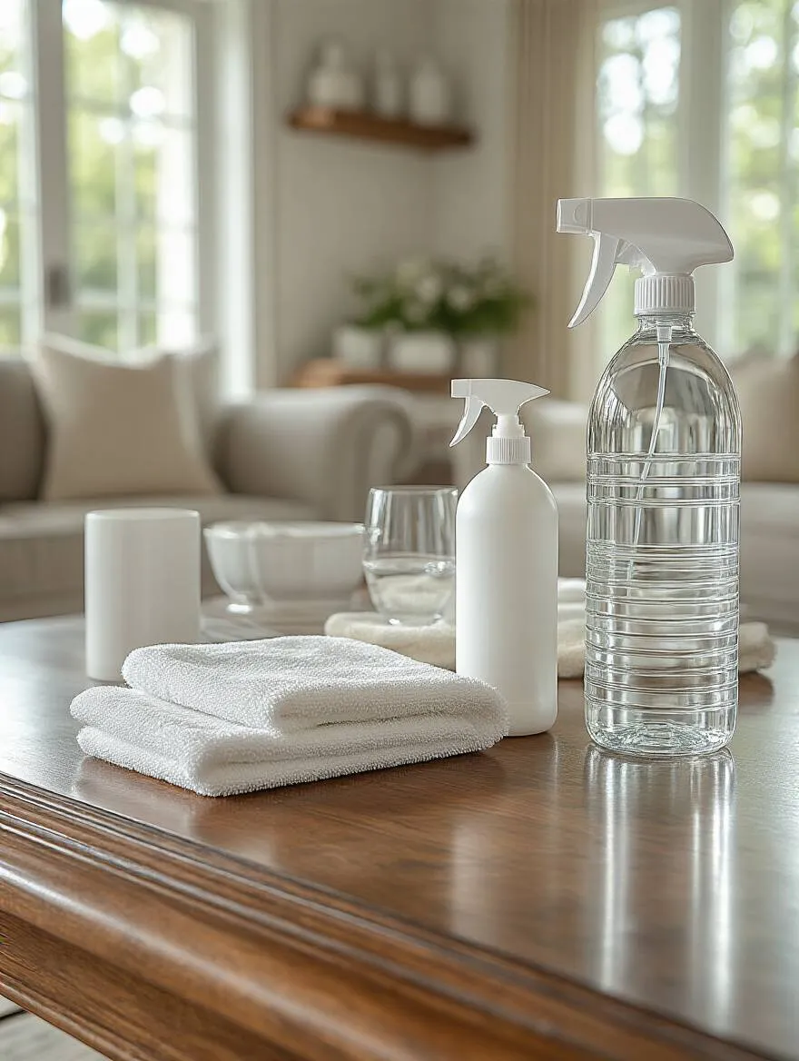 A collection of cleaning supplies for contemporary furniture, including microfiber cloths, wood polish, and glass cleaner, artfully arranged on wood, steel, and glass surfaces in a well-lit dining room setting.