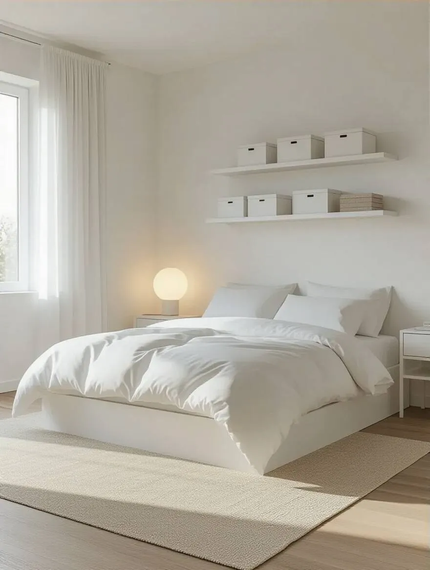 Vertical portrait of a serene, clutter-free white bedroom.