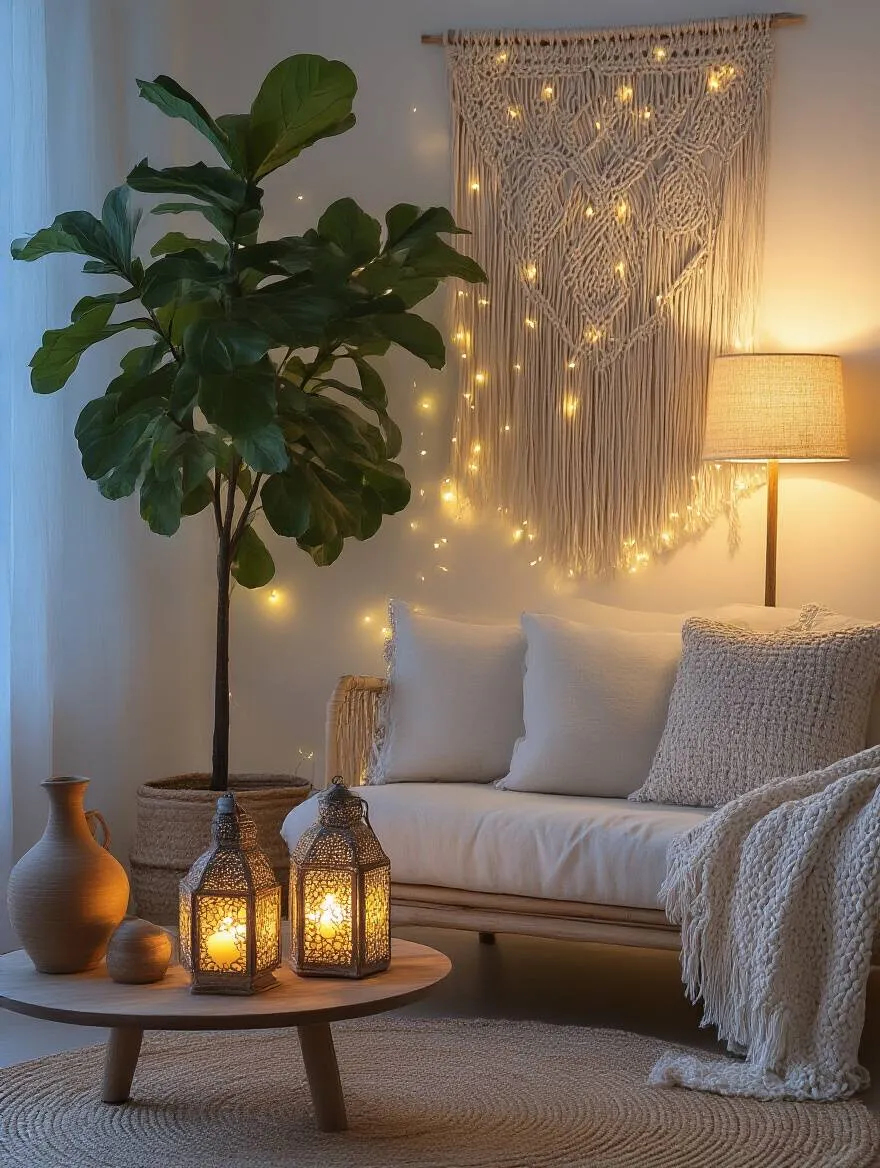 Boho living room at dusk featuring warm soft lighting from draped fairy lights, flickering Moroccan lanterns, and an ambient floor lamp, creating a cozy and serene atmosphere.