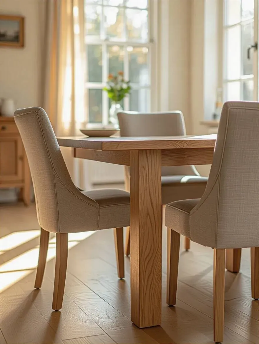 A sturdy, contemporary solid wood dining table and chairs in a modern dining room, illustrating high-quality furniture and durability.