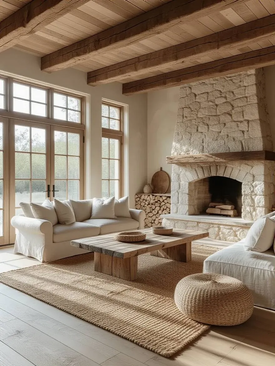 Rustic living room bathed in natural light, highlighting wood, stone, and textiles