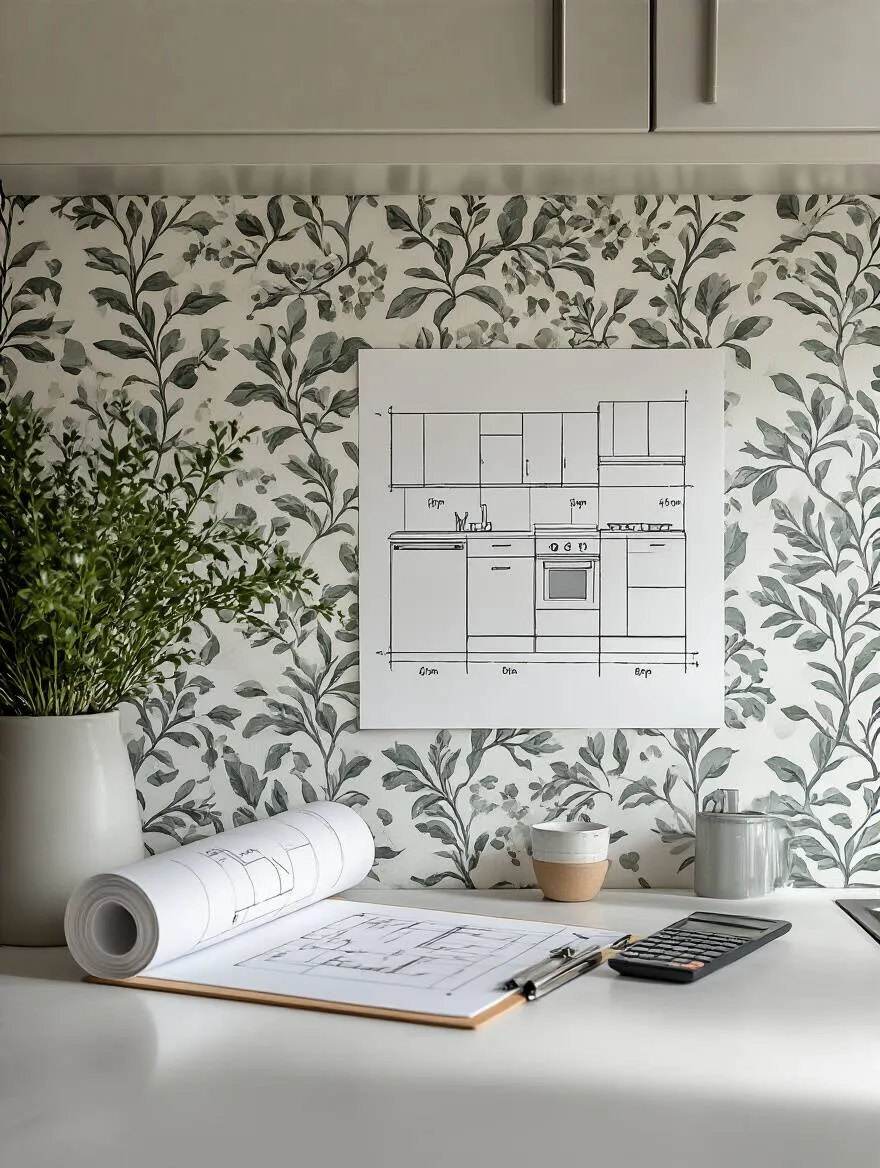 Conceptual image of a neatly planned kitchen wallpaper installation project, symbolizing accurate measurement and organization to prevent waste.