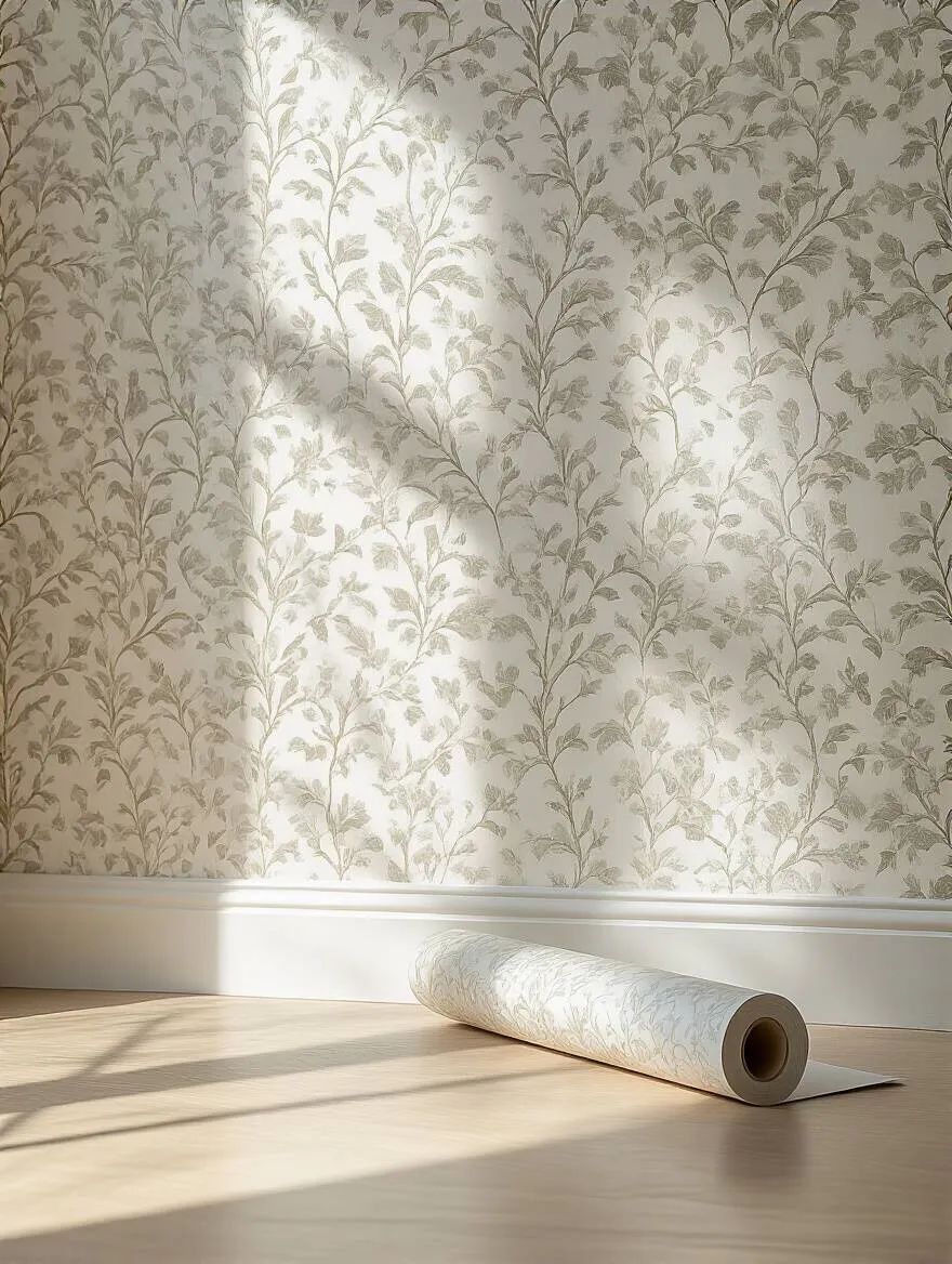 A bedroom wall prepped for wallpapering, with a roll of elegant wallpaper on the floor, symbolizing precise wallpaper measurement for a flawless finish.