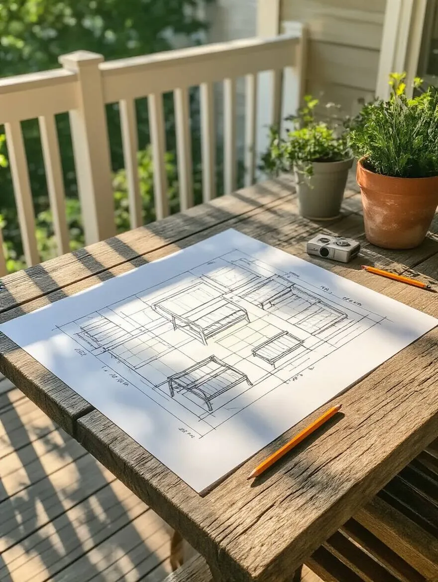 Portrait of a porch planning desk with graph paper sketches