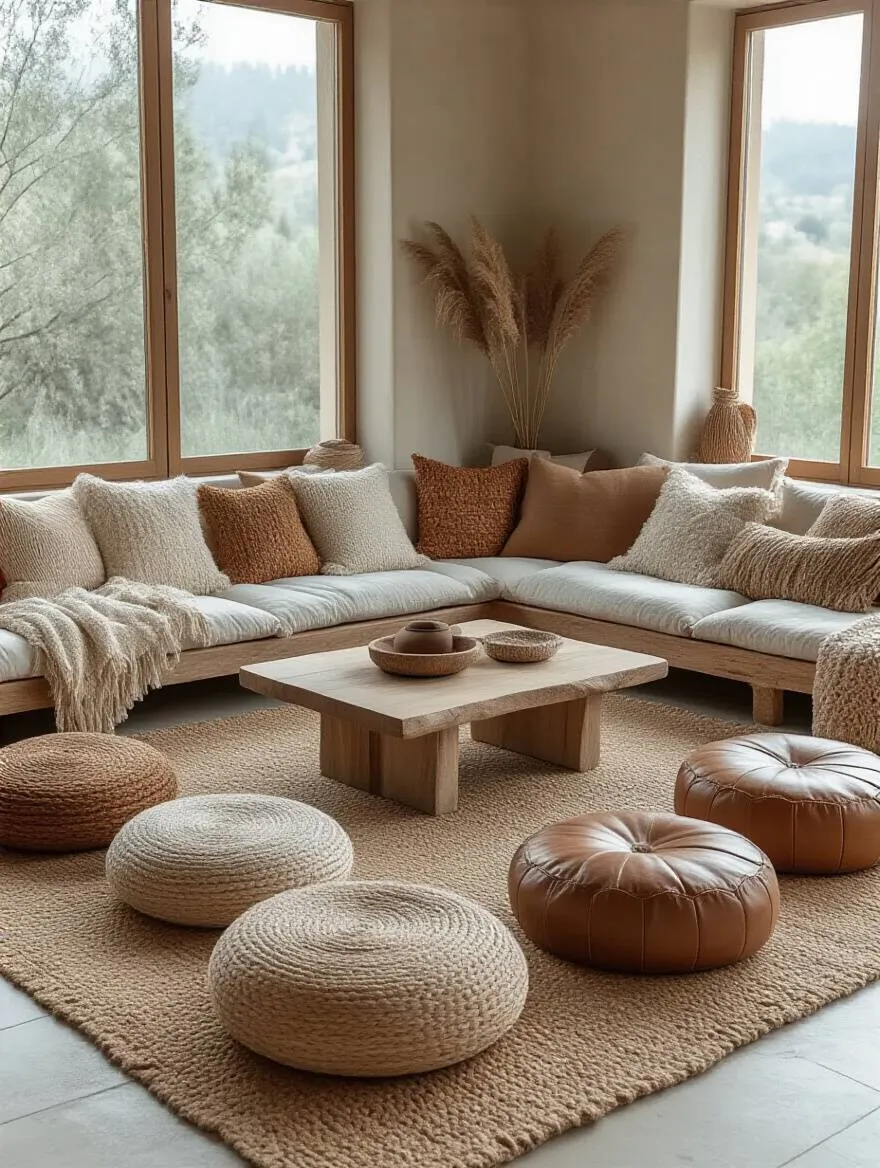 Bohemian living room with floor seating featuring diverse oversized cushions and textured poufs arranged around a low coffee table on a jute rug, under soft natural light.