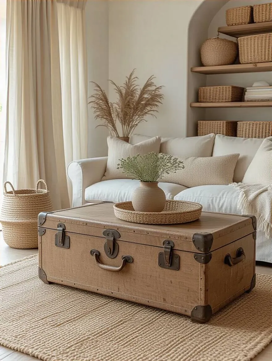 Portrait view of rustic storage with woven baskets and a vintage trunk in a cozy living room