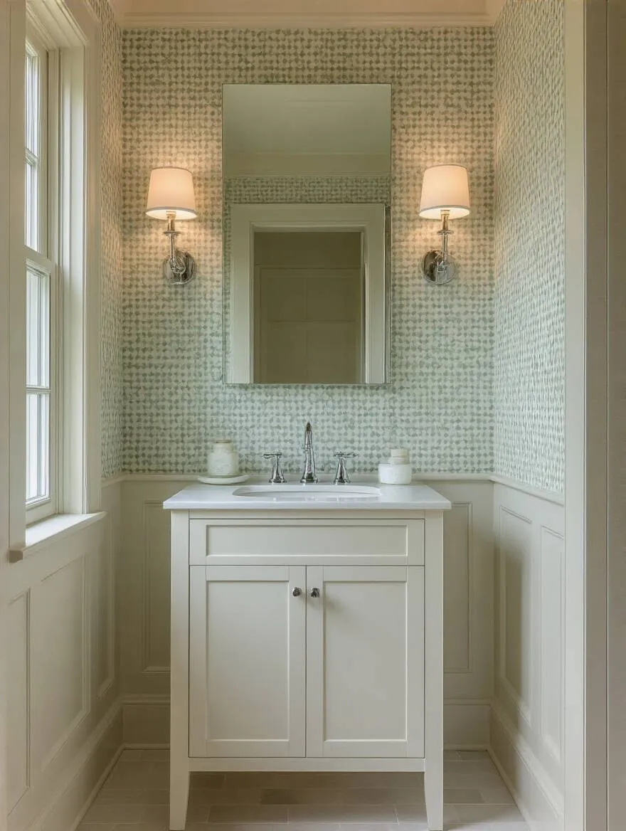 Portrait of a compact bathroom with small-scale wallpaper in soft sage and ivory, featuring a white vanity and chrome fixtures.