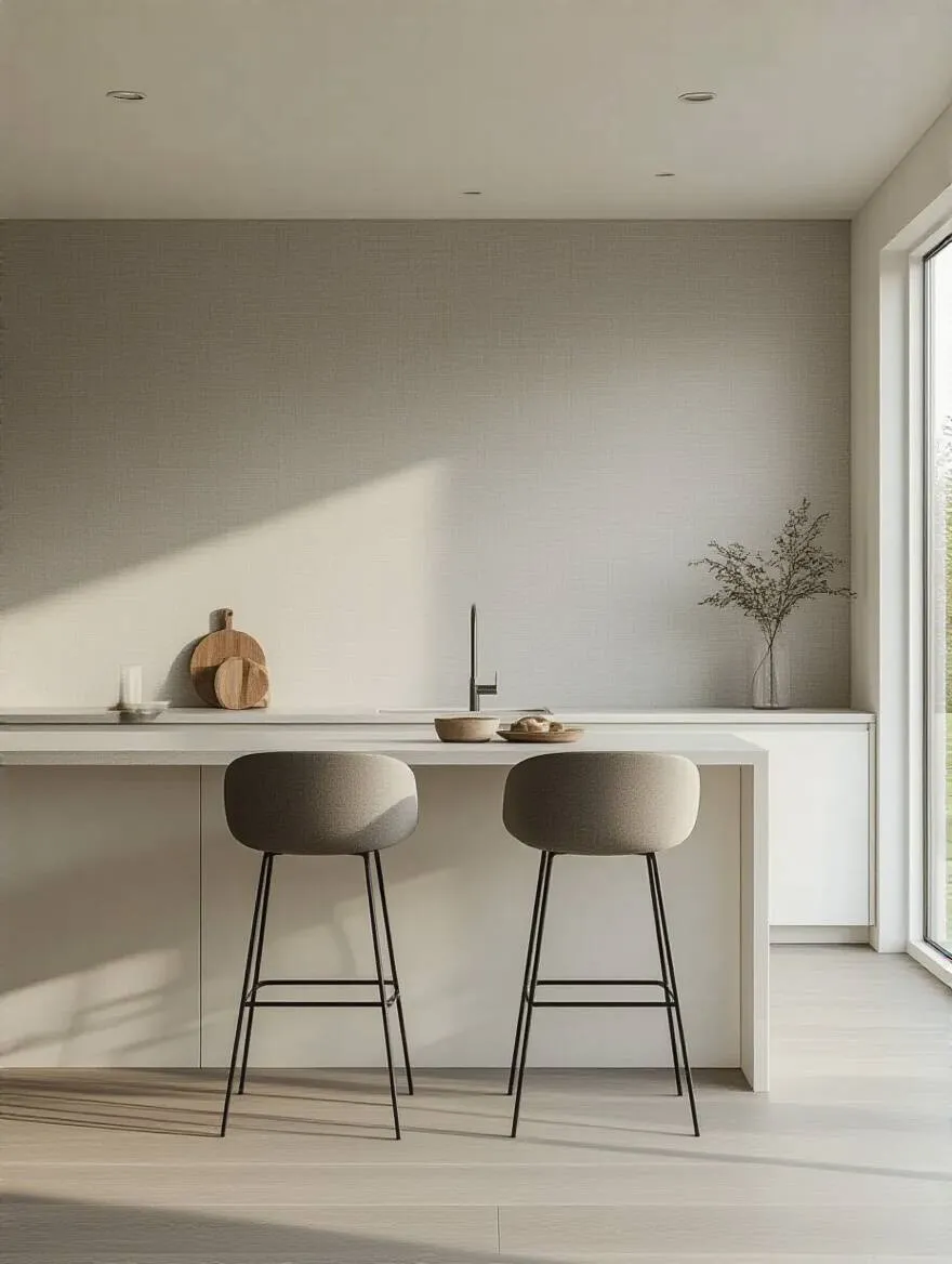 A modern kitchen with a light grey linen-look subtle textured wallpaper behind a breakfast bar, adding depth and sophistication.