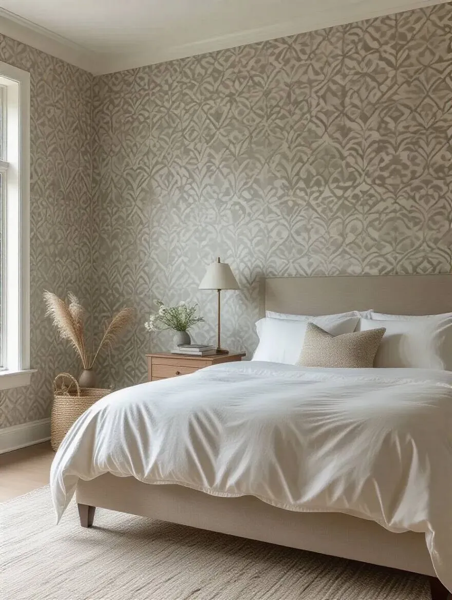 A modern bedroom featuring a subtle geometric pattern vinyl-coated wallpaper on an accent wall, highlighting its clean, durable finish and stylish appearance for easy maintenance.