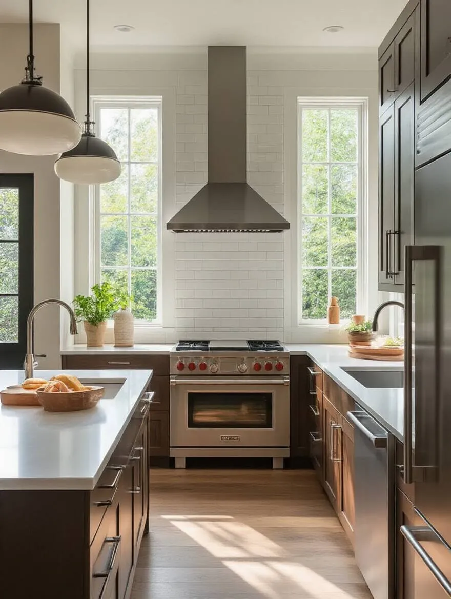 Vertical modern kitchen with defined work zones and optimized workflow