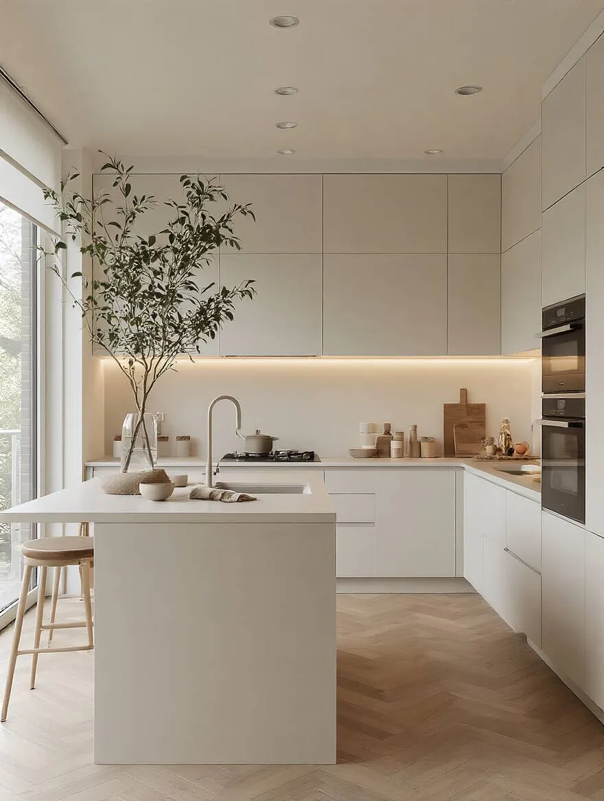 Portrait of a minimalist kitchen layout optimized for workflow and openness