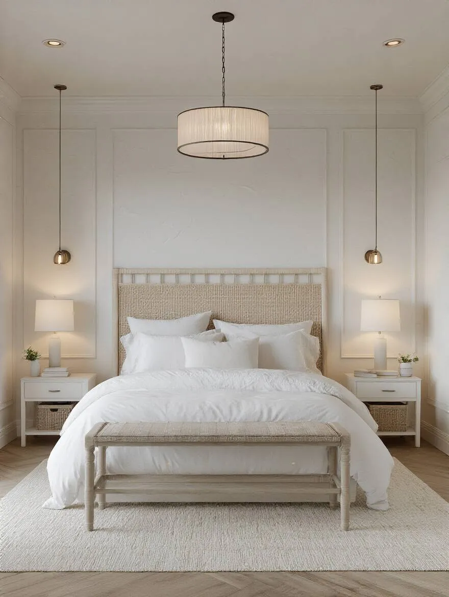Portrait of a white bedroom illustrating layered lighting and adjustable brightness