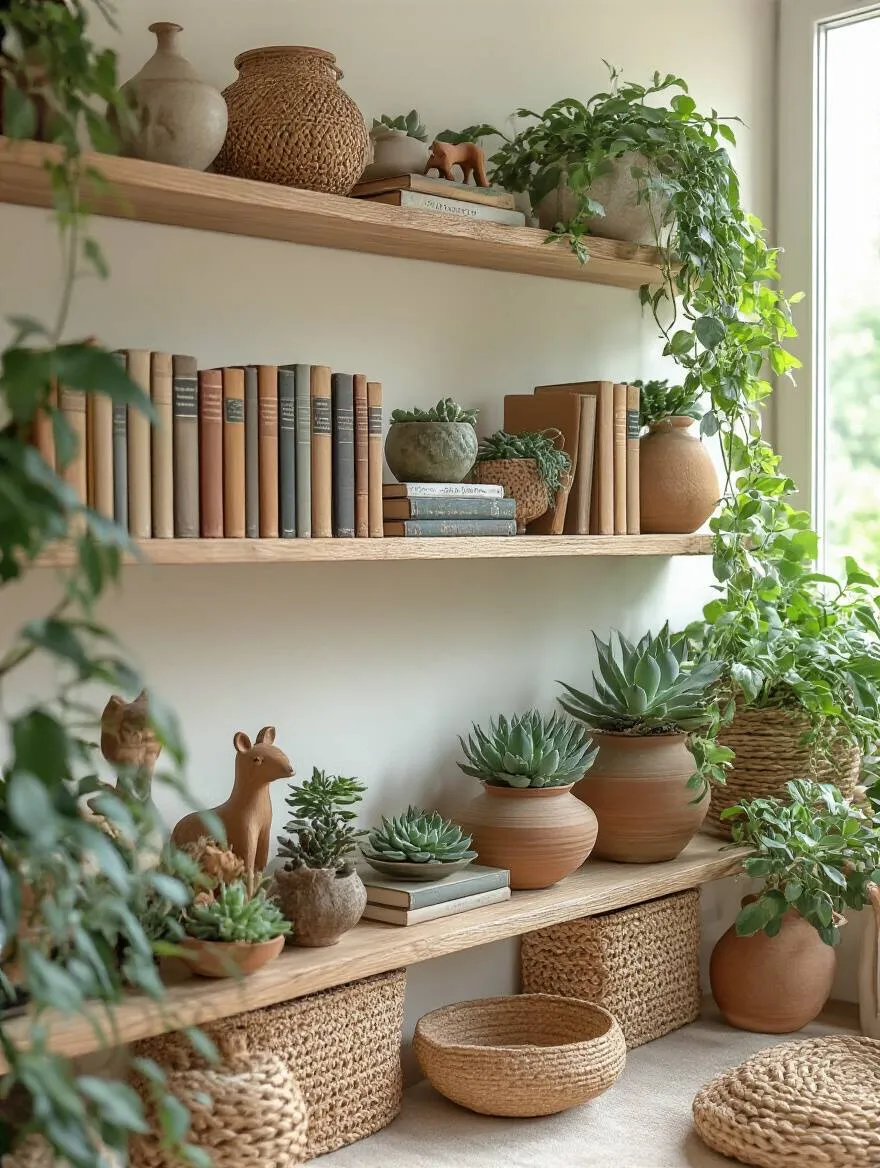A beautifully styled bohemian shelf with artfully arranged books, lush green plants in ceramic pots, and personal global mementos, creating a serene and inviting living room focal point.