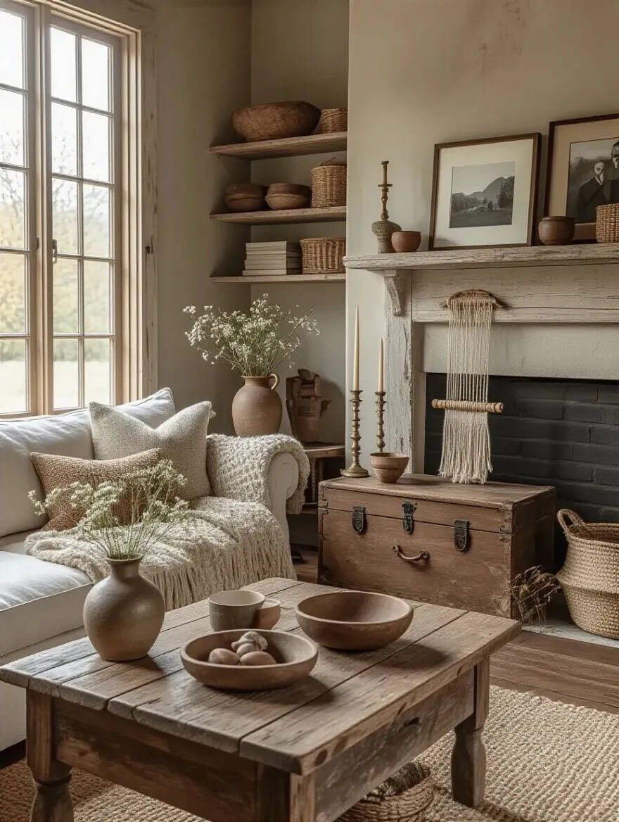 Vertical rustic living room with curated heirloom decor on mantel and shelves