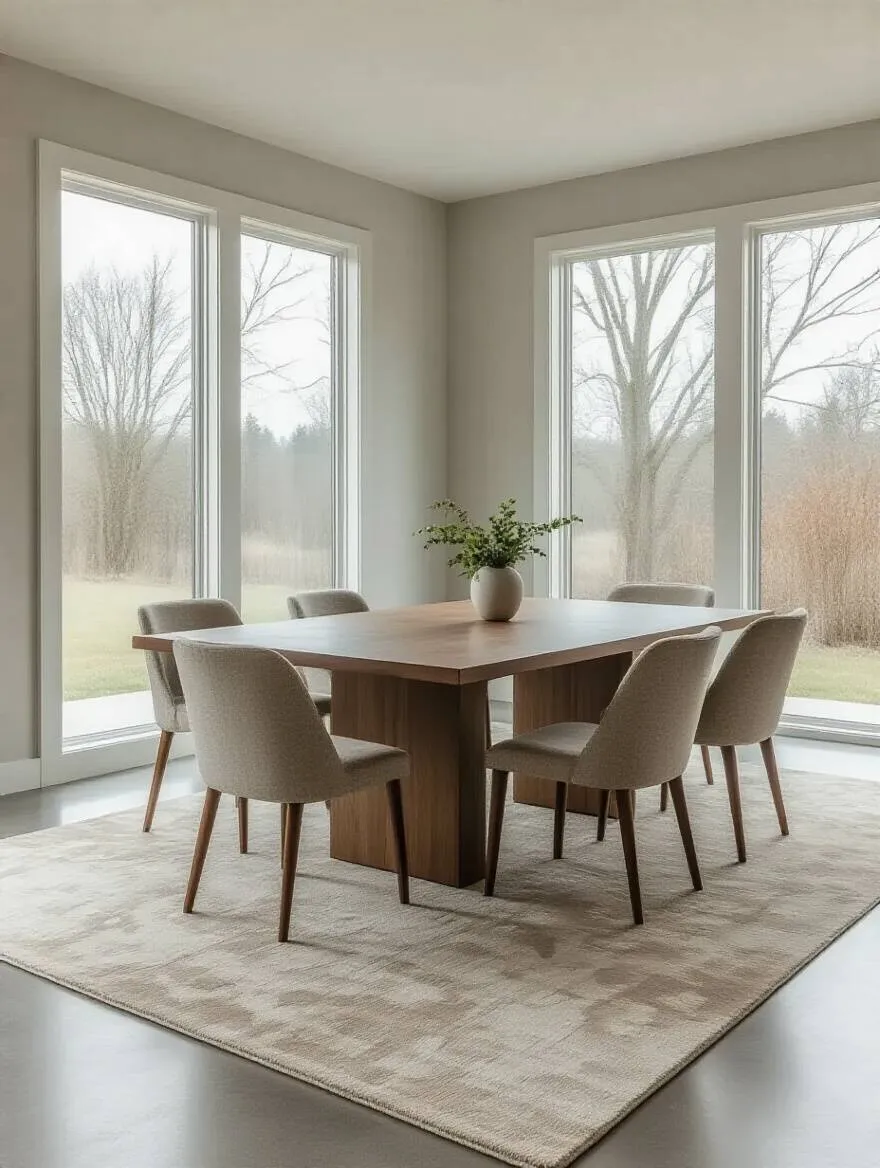 Contemporary dining room with a large, neutral-toned abstract area rug defining the dining zone, featuring a sleek wooden dining table and modern chairs on a polished concrete floor, bathed in natural light.