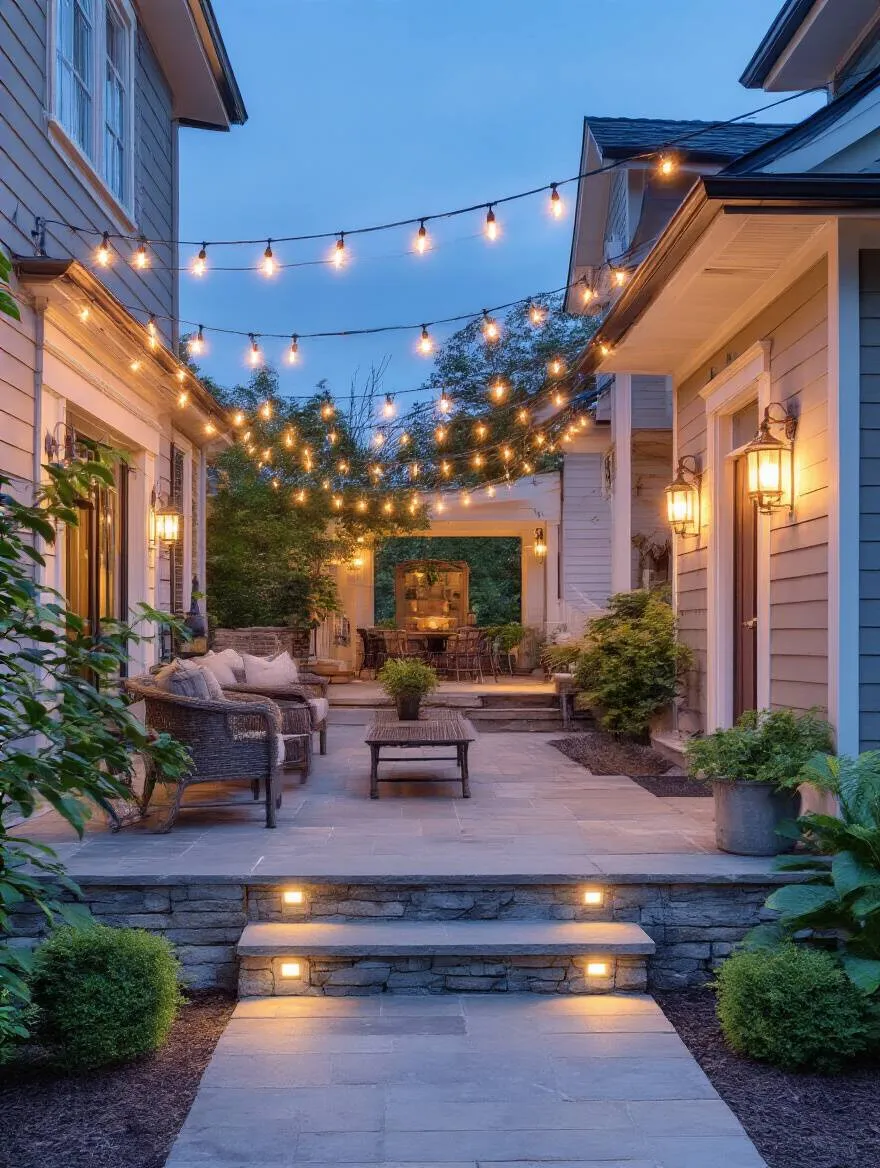 Evening back porch with layered outdoor lighting and safe pathways