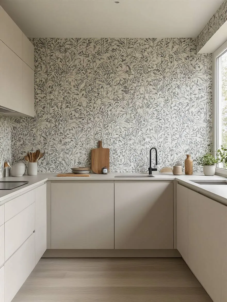 Modern kitchen wall with a section of peel-and-stick patterned wallpaper carefully peeling away to reveal a pristine, primed wall beneath, demonstrating easy removal.
