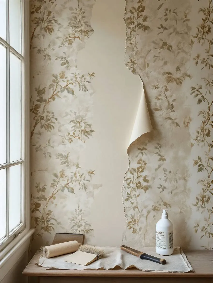 Portrait shot of a primed bathroom wall with peeling wallpaper and removal tools on a work station