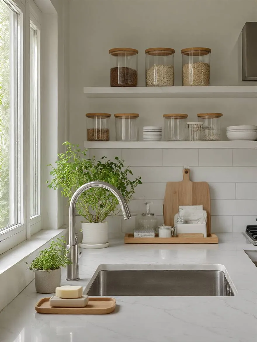 Minimalist kitchen after a daily reset with clean counters and neatly stored items
