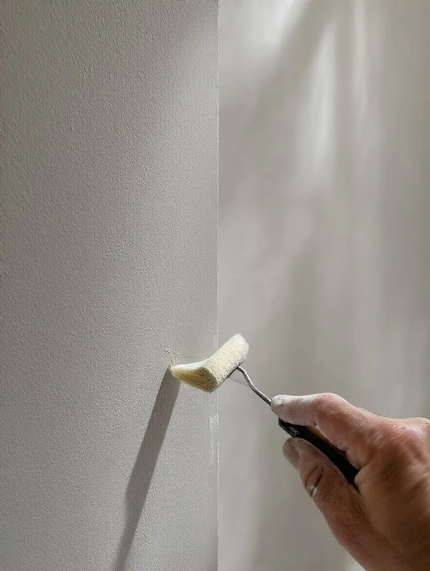 Close-up of a kitchen wall being primed, showing smooth surface after filling and cleaning, illustrating proper preparation for wallpaper adhesion and longevity.