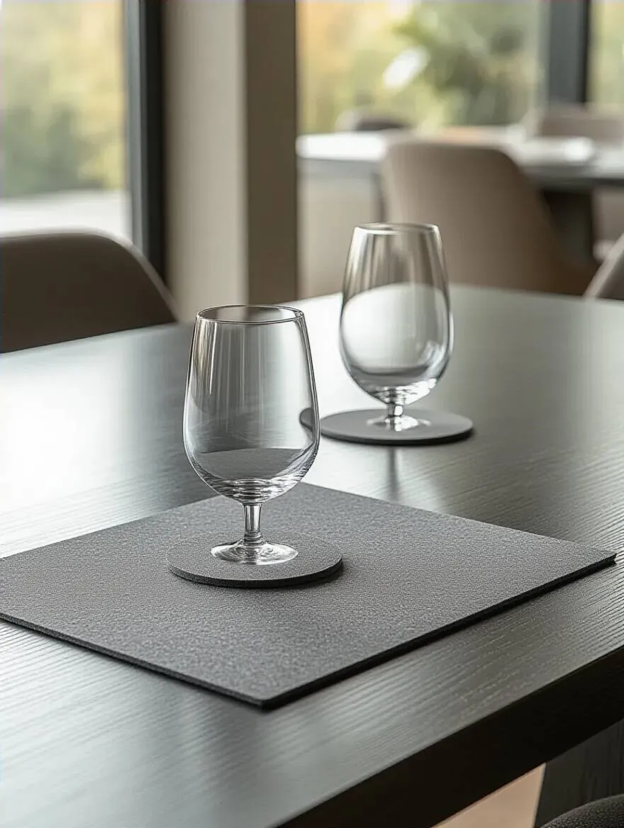 Contemporary dining table with placemat, coaster, and transparent protector, showcasing methods for preventing wear and tear and preserving the surface.